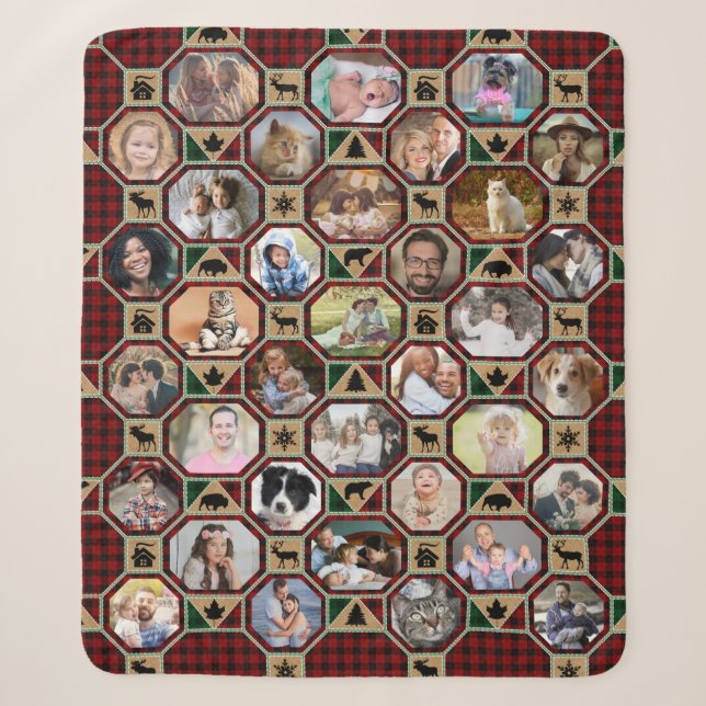 Familienfoto Collage Red Black Buffalo Karierte Qu Sherpadecke (Vorderseite)