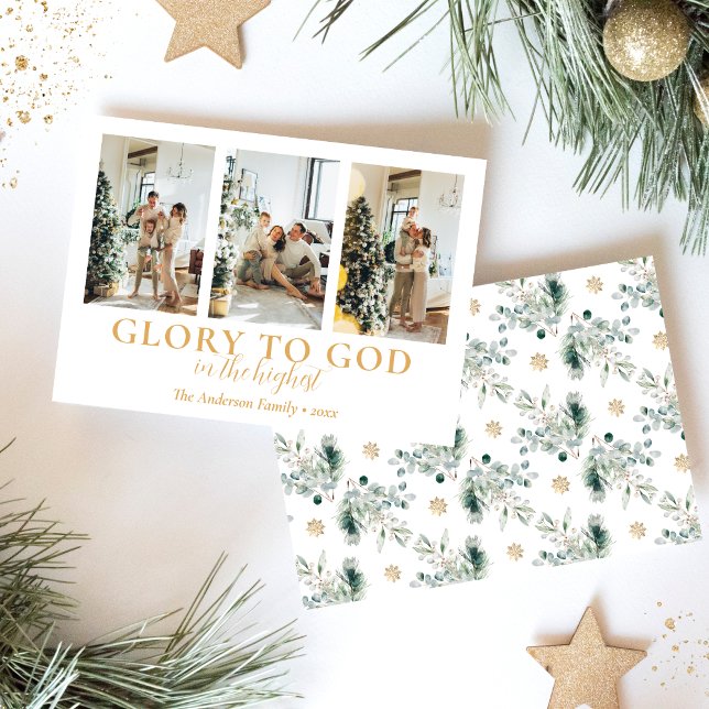 Familienfoto Collage Religiöse Weihnachten (Modern family photo collage religious Christmas card with Bible verse in white and gold)