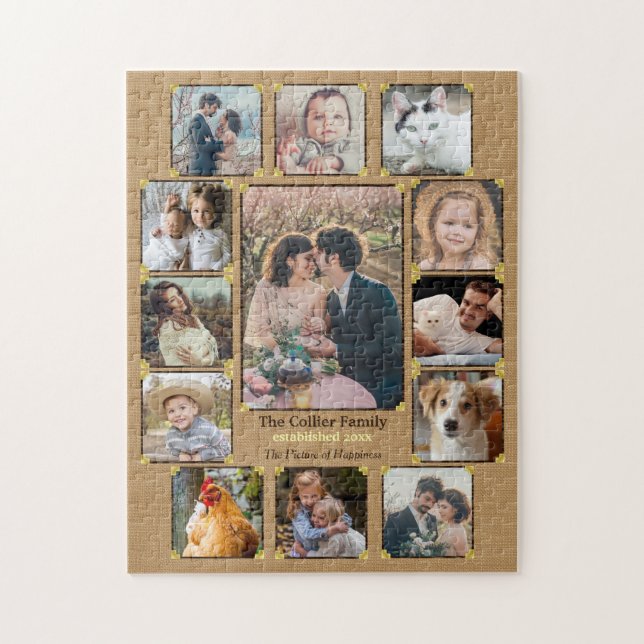 Familienfoto Collage Rustic Burlap 13 Custom Pics (Vertikal)