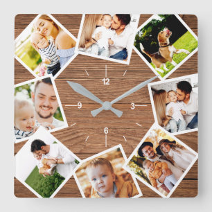 Familienfoto-Collage Rustikal Chic Bauernhaus Quadratische Wanduhr