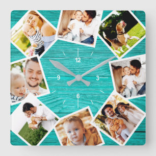 Familienfoto-Collage Rustikal Chic Bauernhaus Teal Quadratische Wanduhr