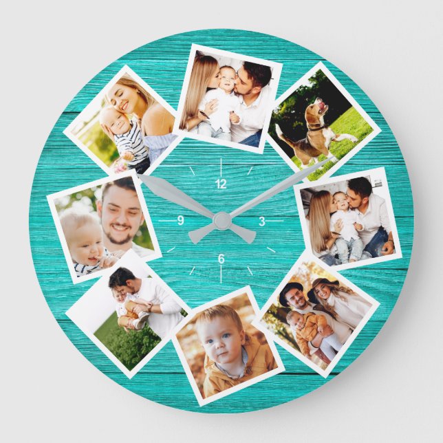 Familienfoto Collage Rustikal Chic Bauernhof Aquam Große Wanduhr (Vorderseite)