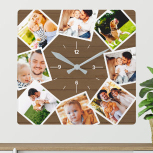 Familienfoto-Collage Rustikaler Bauernhof Braun Quadratische Wanduhr