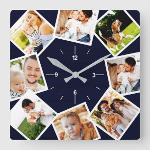 Familienfoto-Collage Rustikaler Bauernhof Dunkelbl Quadratische Wanduhr