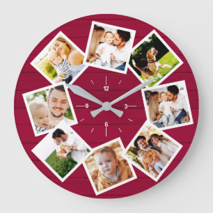 Familienfoto-Collage Rustikaler Farmhaus-Stil Rot Große Wanduhr