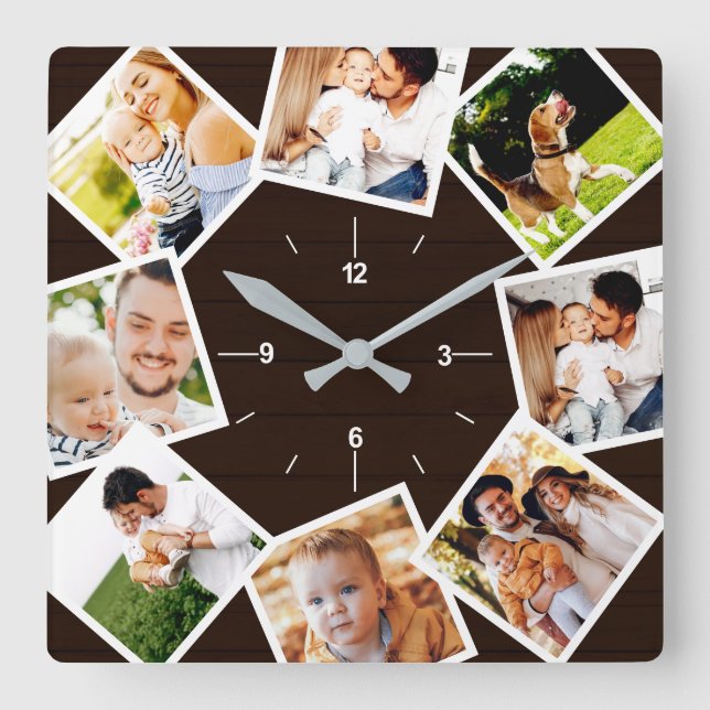 Familienfoto Collage Rustikales Bauernhaus Dunkelb Quadratische Wanduhr (Vorderseite)