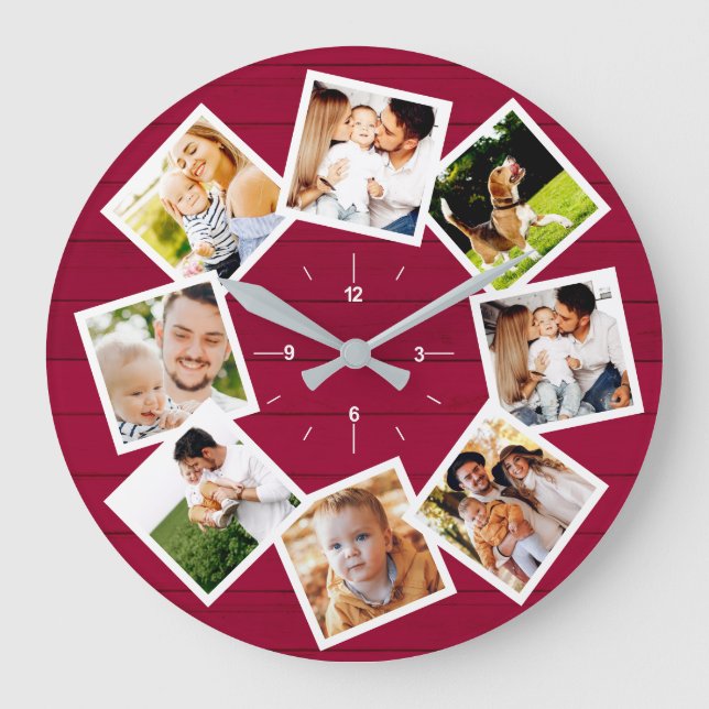 Familienfoto Collage Rustikales Bauernhaus Rot Große Wanduhr (Vorderseite)