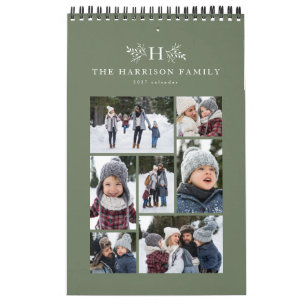 Familienfoto-Collage rustikales Monogramm salbeigr Kalender
