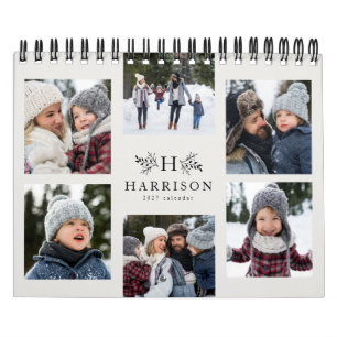 Familienfoto-Collage rustikales Monogramm schwarz  Kalender