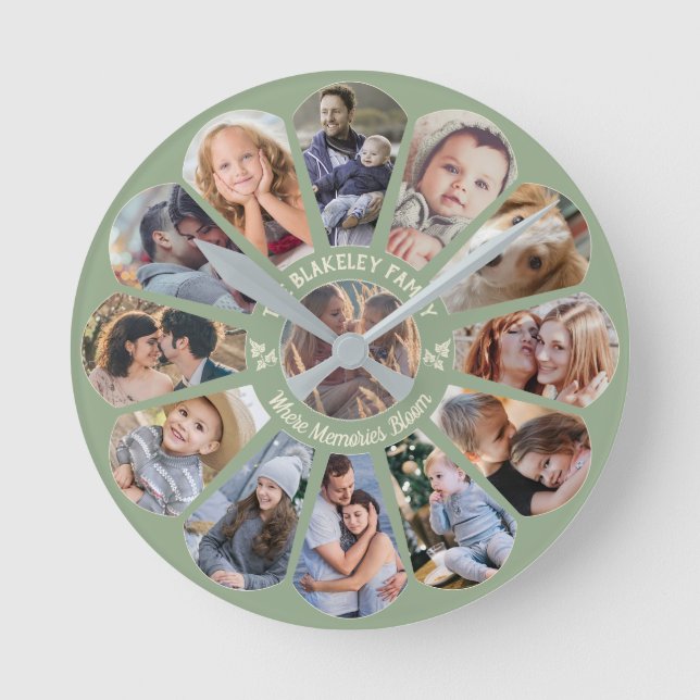 Familienfoto Collage Sage 13 Benutzerdefinierte Bl Runde Wanduhr (Vorderseite)