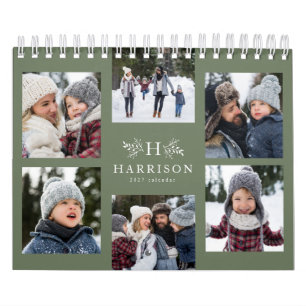 Familienfoto-Collage Salbeigrün Monogramm-Kalender Kalender