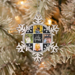 Familienfoto-Collage Schneeflocken Zinn-Ornament