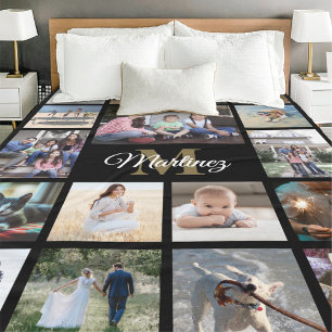 Familienfoto-Collage Schwarz Gold Weiß Monogrammie Fleecedecke