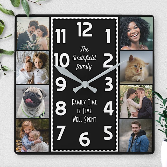 Familienfoto Collage Schwarz-Weiß Art Deco Easy Quadratische Wanduhr (Von Creator hochgeladen)