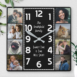 Familienfoto-Collage Schwarz-Weiß Art Deco Einfach Quadratische Wanduhr