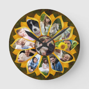 Familienfoto Collage Sonnenblume 13 Bilder leicht Runde Wanduhr