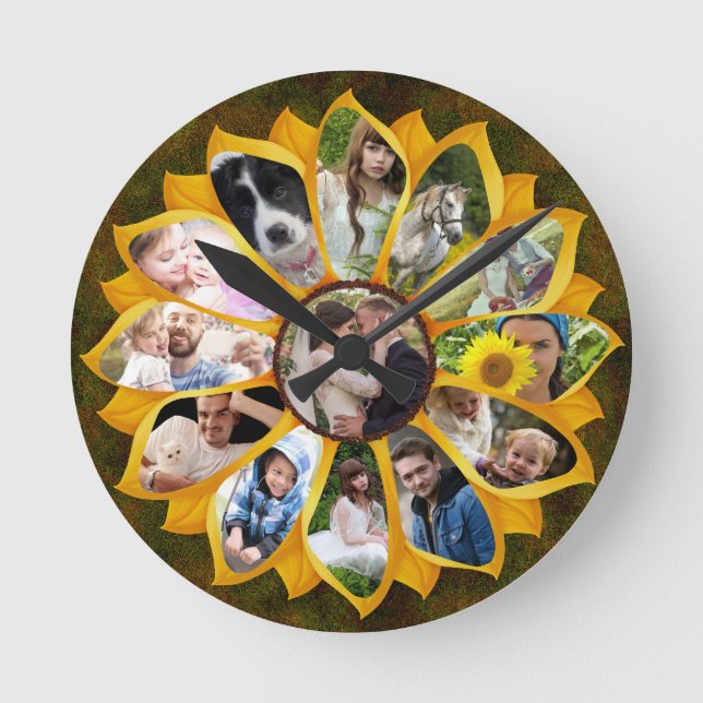 Familienfoto Collage Sonnenblumen 13 Bilder leicht Runde Wanduhr (Vorderseite)