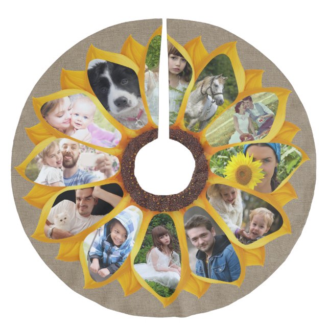 Familienfoto Collage Sonnenblumen Burlap 13 Pics E Polyester Weihnachtsbaumdecke (Vorderseite)
