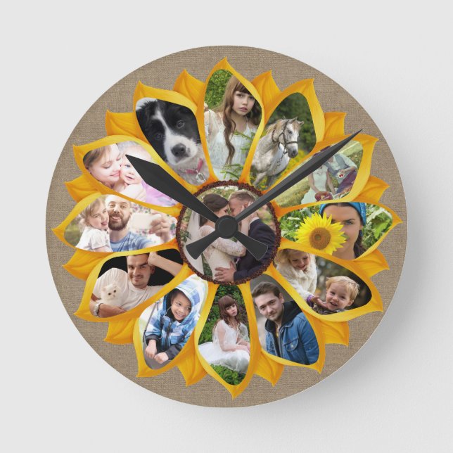 Familienfoto Collage Sonnenblumen Burlap 13 Pics E Runde Wanduhr (Vorderseite)