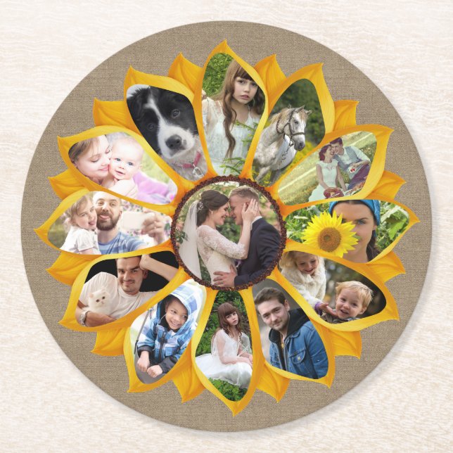 Familienfoto Collage Sonnenblumen Burlap 13 Pics E Runder Pappuntersetzer (Vorderseite)