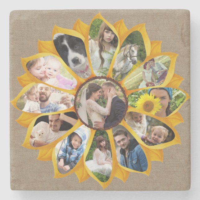 Familienfoto Collage Sonnenblumen Burlap 13 Pics E Steinuntersetzer (Vorderseite)