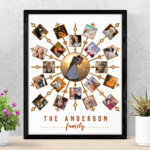Familienfoto-Collage Weiß Gold + Name 21 Bilder Poster