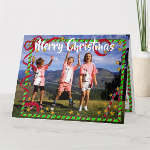 Familienfoto Frohe Weihnachten Grün Rote Schleifen Karte