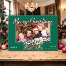 Familienfoto Frohe Weihnachten Kiefernzapfen Rote
