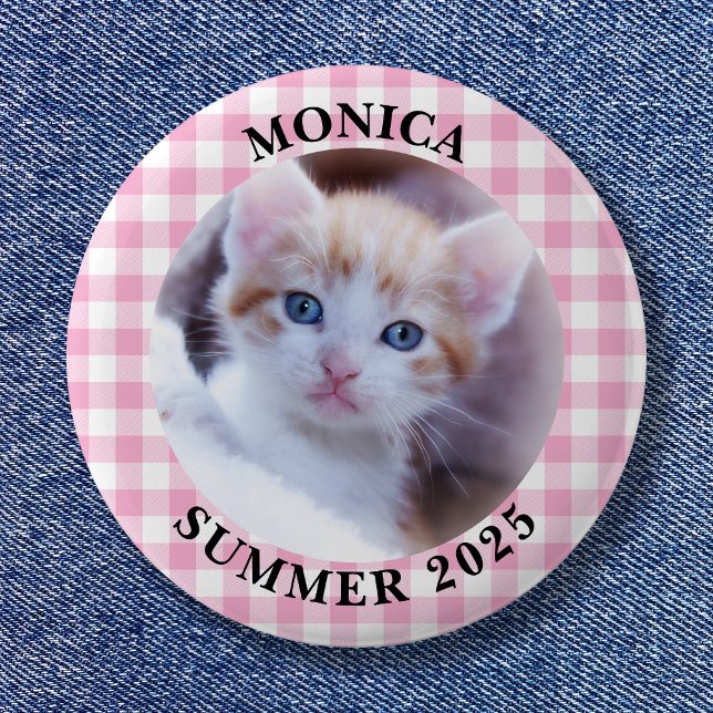 Familienfoto Hellrosa Büffelkaromuster-Rahmen Button (Family Photo Light Pink Buffalo Plaid Border Button)