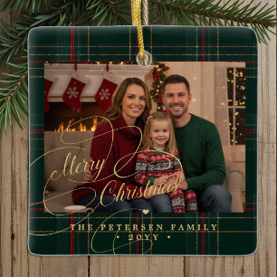 Familienfoto Karo-Tartan klassisch Frohe Weihnacht Keramikornament