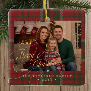 Familienfoto Karo-Tartan klassisch Frohe Weihnacht Keramikornament