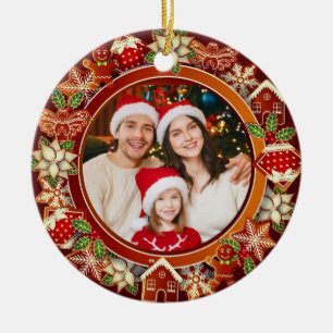 Familienfoto, Lebkuchen & Weihnachtsstern-Feiertag Keramik Ornament