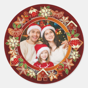 Familienfoto, Lebkuchen & Weihnachtsstern-Feiertag Runder Aufkleber