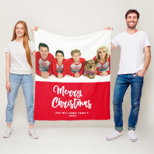 Familienfoto Name Frohe Weihnachten Rot und Weiß Fleecedecke