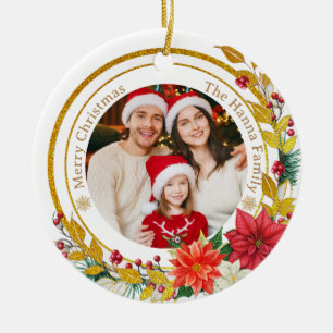 Familienfoto & Poinsettia Frohe Weihnachten Gesche Keramik Ornament