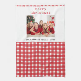 Familienfoto Rot Gingham Frohe Weihnachten Feierta Geschirrtuch