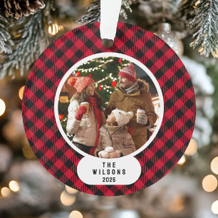 Familienfoto Rot-Schwarz-Buffalo-Karo-Weihnachten Ornament