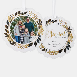 Familienfoto Schwarz Gold Kranz Fröhliche Weihnach Ornament Karte