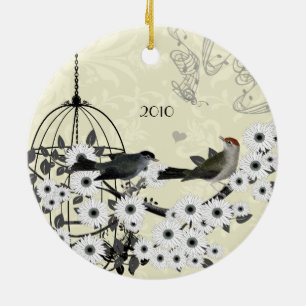 Familienfoto Vintage-Vögel & Vogelkäfig auf Damast Keramik Ornament