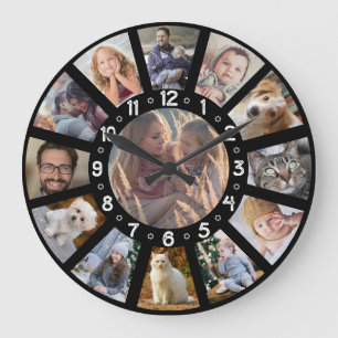 Familienfotocollage 13 Pic und Zahlen Easy Black Große Wanduhr