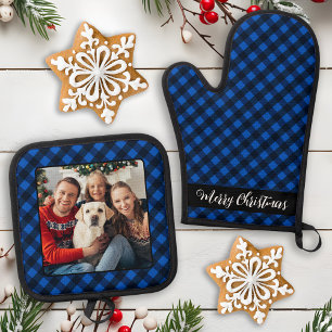 FamilienfotoPersonalisierte Weihnachtsblauen Karie Ofenhandschuh & Topflappen-Set