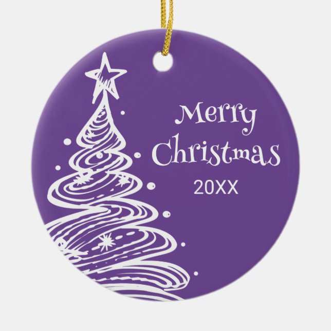 Familiengeschenk Foto Lila Weißer Weihnachtsbaum Keramik Ornament (Vorne)