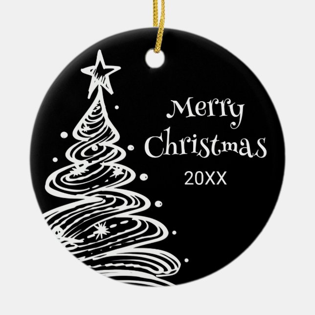 Familiengeschenk Foto Schwarz-weißer Weihnachtsbau Keramik Ornament (Vorne)