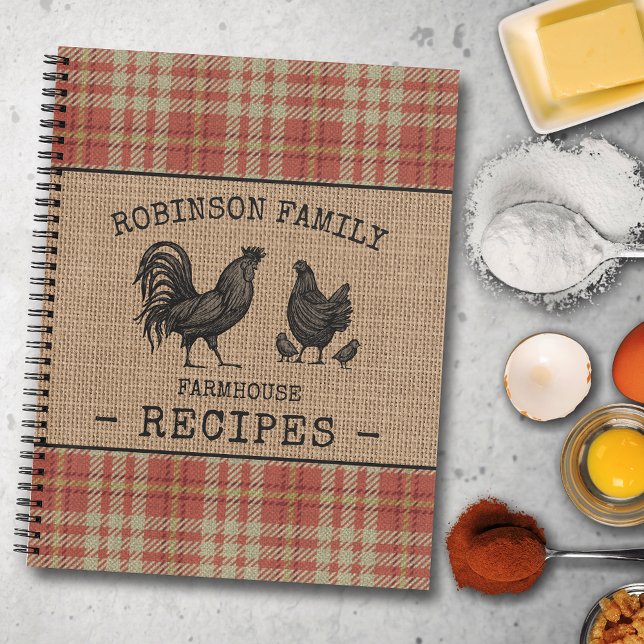Familienhaus Rooster Hen Red Kariert Recia Notizbuch (Several sizes and inside page designs to choose from)