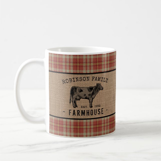 Familienhaus Rustikales Kuh Red Kariert Burlap Kaffeetasse (Links)