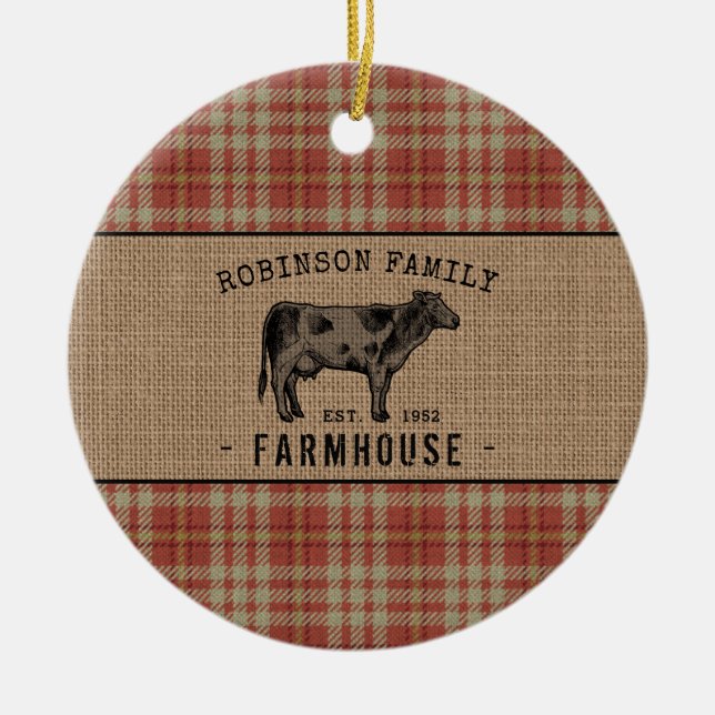Familienhaus Rustikales Kuh Red Kariert Burlap Keramik Ornament (Vorne)