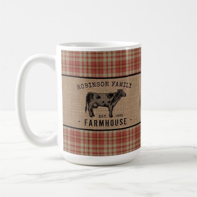 Familienhaus Rustikales Kuh Red Kariert Burlap Lar Kaffeetasse (Links)