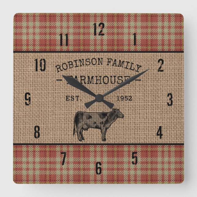 Familienhaus Rustikales Kuh Red Kariert Burlap Quadratische Wanduhr (Vorderseite)