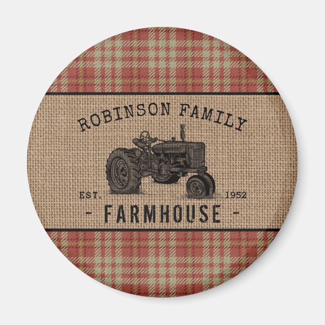 Familienhaus Tractor Red Kariert Burlap Round Magnet (Vorne)