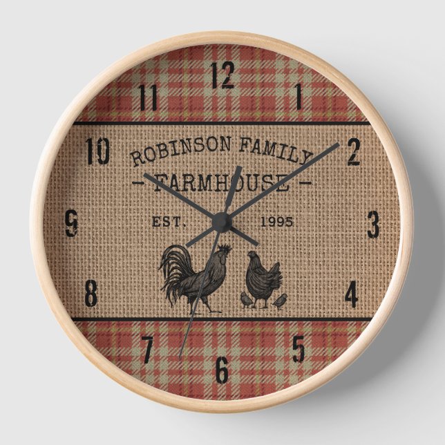 Familienhaus Vintag Red Kariert Burlap Uhr (Vorderseite)